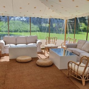 Sofas, White Mirror Top Tables & Wicker Chairs