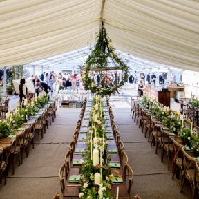Rustic Tables & Cross Back Chairs in Clearspan - DP Marquees Ltd