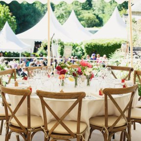 Table set for dinner, garden, Chinese hat tents