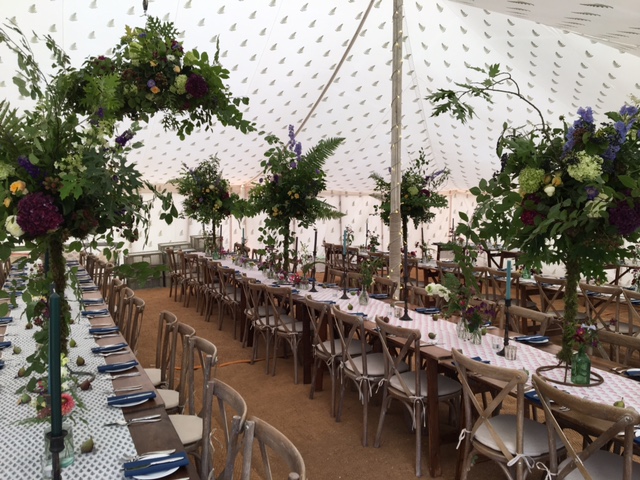 Indian block print fern linings, rustic tables and french cross back chairs - dp marquees ltd